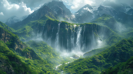 Flowing waterfalls, descending from the tops of the etheric mountains, create the impression of in.の素材