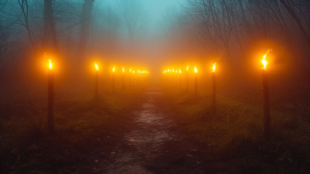 The hypnotic light of torches at the tops of the etheric mountains creates an atmosphere of the an.の素材