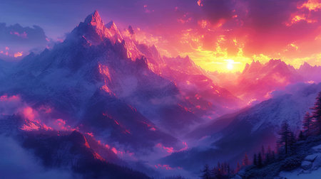 The etheric mountains shrouded in purple clouds create the impression of a mystical sunset.の素材