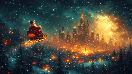 The background with the image of Santa Claus on a sleigh rushes through the night sky.の素材