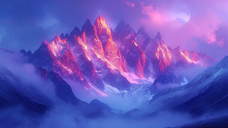 The etheric mountains in the purple light create the impression of a magical evening and mysteriou.の素材