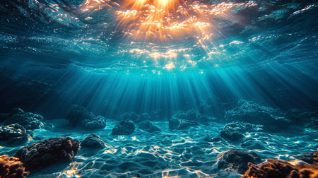 The transparent background of the water, where the lines of light penetrate into the depths, creat.の素材