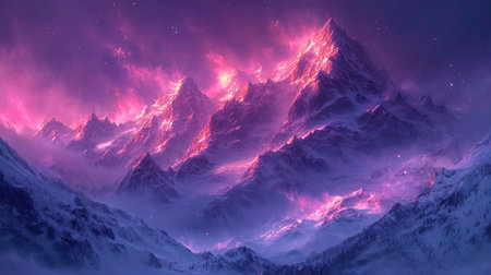Twilight etheric mountains, illuminated by purple light, create an atmosphere of a fairy tale.の素材