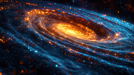 The dark cosmic background, where the orbits of planets and cosmic nebulae create a sense of harmo.の素材