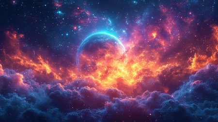 The dark cosmic background, where bright planets and sparkling stars create the impression of an e.の素材