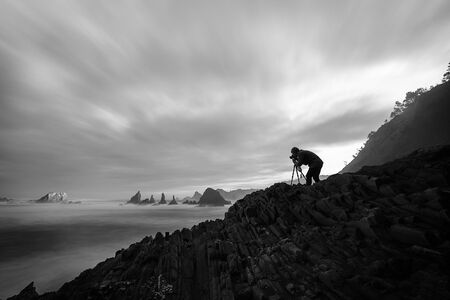 Sunrise on the beach of La Gueirua in Asturias Spainの写真素材