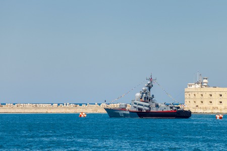 SEVASTOPOL CRIMEA MAY 9: Parade of the Russian warships celebrating in honor of 70th anniversary of Victory Day on May 9th 2015. Russian Navy fleet in the Sevastopol Bay Crimea. Russia. Ukraineのeditorial素材