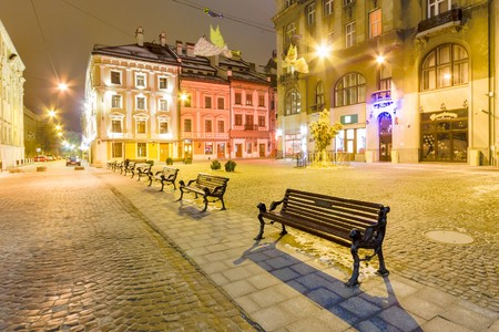 An empty street night city. Merry Christmas Lviv. Ukraine.の写真素材