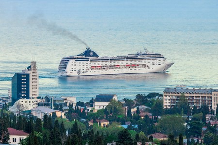 YALTA, UKRAINE - MAY 21: MSC Lirica cruise ship in the seaport city of Yalta on May 21, 2013 in Yalta, Crimea, Ukraine.のeditorial素材