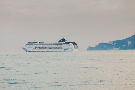 YALTA, UKRAINE - APRIL 22. MSC Lirica cruise ship in the seaport city of Yalta on April 22, 2013 in Yalta, Crimea, Ukraine. View of the ship from the sea.のeditorial素材