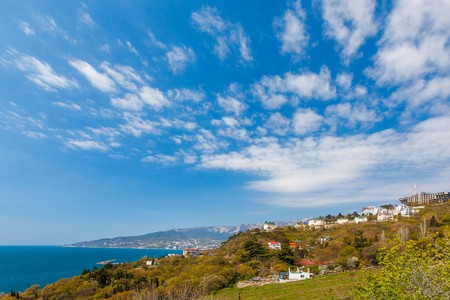 View on Yalta city and Ai-Petri mountain from Nikita settlement in Crimea, Ukraine. Russiaの写真素材