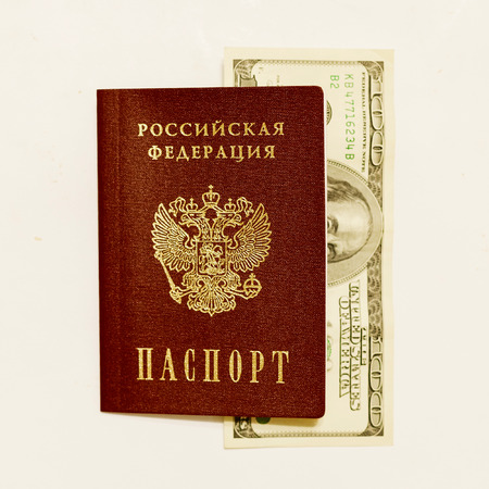 Russian passport and cash on whine close up.の写真素材