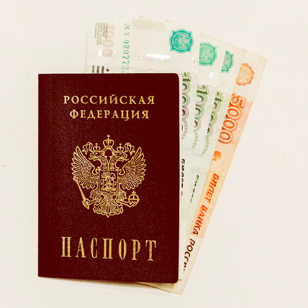 Russian passport and cash on whine close up.の写真素材