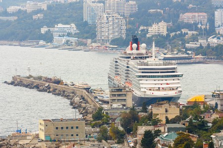 YALTA, UKRAINE - SEPTEMBER 21. Cunard liner Queen Victoria arrived in the seaport city of Yalta on September 21, 2012 in Yalta, Ukraine.のeditorial素材