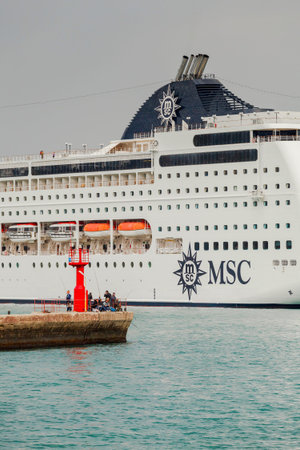 YALTA, UKRAINE - APRIL 22. MSC Lirica cruise ship in the seaport city of Yalta on April 22, 2013 in Yalta, Crimea, Ukraine.のeditorial素材