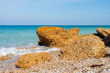 Beautiful sandy beach and rocks in the village of Kacha. Crimea. Russiaの写真素材