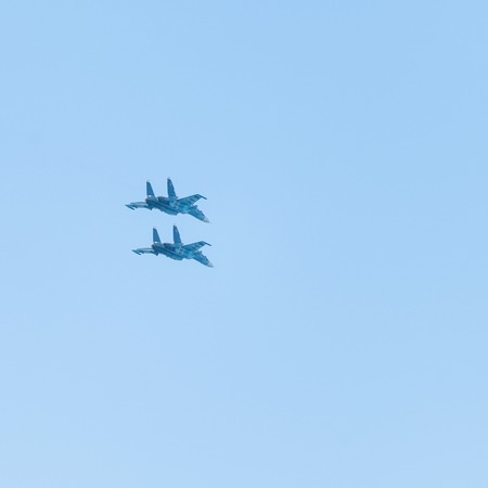 Crimea - 26 July 2015: parade in honor of the Day Russian Navy in Sevastopol. Flight Su-30 over the bay of the cityのeditorial素材