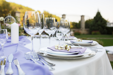 Table setting at a luxury wedding or another catered eventの写真素材