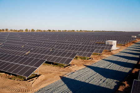 Network industrial solar photovoltaic stations. View from above.