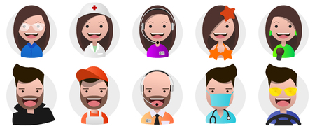 Set of avatars, positive persons, female and male heads different professions in flat style. Editable eps10 Vector. Transparent background.のイラスト素材