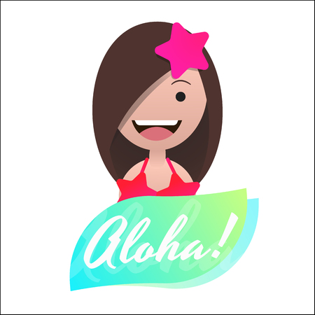 Message Aloha! Head avatar of the girl in bikini and barrette in the shape of a star. Editable eps10 Vector. Transparent background.のイラスト素材
