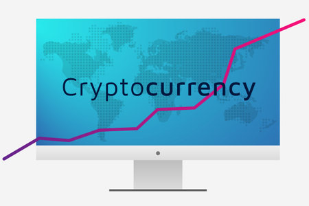 Cryptocurrency graph and world map on pc screen.  Editable eps10 Vector. Transparent background.のイラスト素材