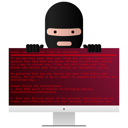 Head of the ransomware. Virus encryptor message on pc screen.  Editable Vector. Transparent background.のイラスト素材