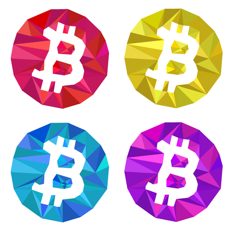 Triangular Bitcoin logo set. Red Yellow Blue Purple. Vector illustration. Light background. Eps10.のイラスト素材