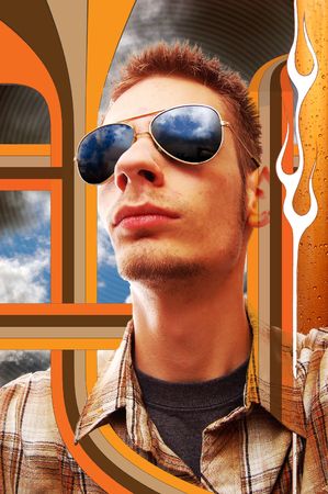 Young man looking upward to the sky with aviator sunglasses.の写真素材