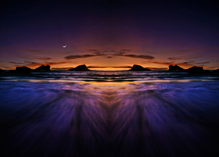 symmetric long exposure of a beach at dusk