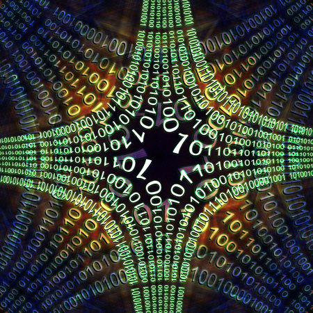 Digital abstract background of computer binary code language on square dark blue background with...