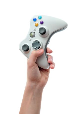 Hand holding a video game controller in mid air isolated on white background.の写真素材