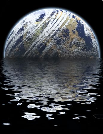 A 3D computer generated graphic illustration of a planet that looks like the world, Earth, being flooded in water.の写真素材