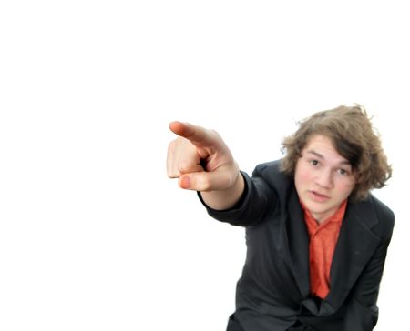 Man pointing above at sky wearing a suit. Is it a bird? A plane? A UFO? The selective focus is on his hand and he is isolated on a white background.の写真素材