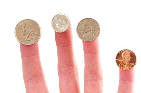 Four U.S. American coins are on each finger in order, isolated on white background.の写真素材