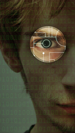 This is a graphic illustration and a photograph combined. Serious focused determined man is looking through a circle with a circuit board design inside of it and binary code.の写真素材