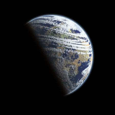 A planet that looks like the word, Earth, covered in shade halfway across isolated on black background space.の写真素材