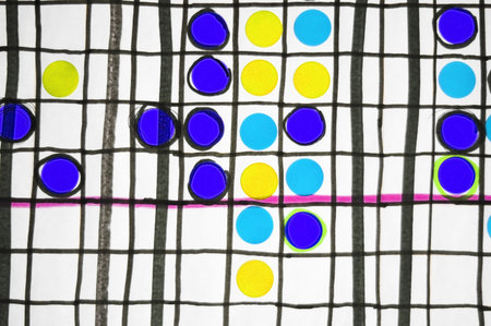 Abstract graph chart with colored stickers filling in boxes with some lines
