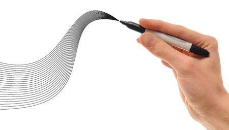 White Caucasian hand holds his marker in his hand and draws free hand onto pure white copyspace backgroundの写真素材