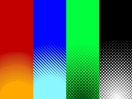 A collection set of four red, blue, green, and black halftone patterns.の写真素材