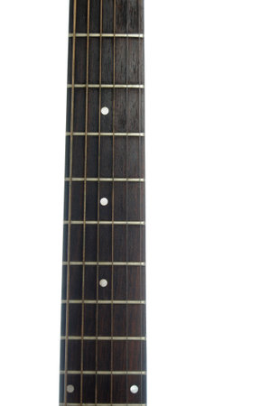 Abstract closeup of a guitar neck isolated on a pure white background