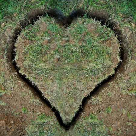 A heart shape dug into the ground as a trench with dirt and grass.の写真素材