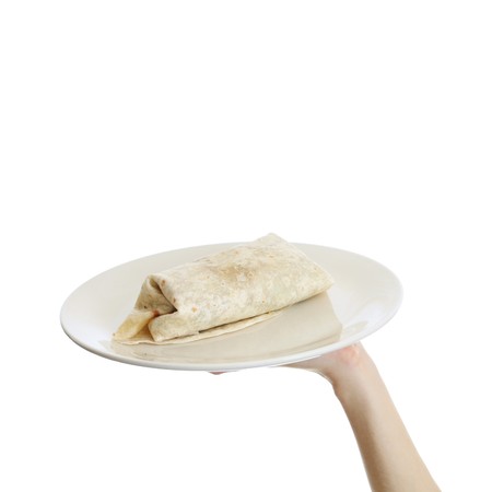 A single burrito on a white plate isolated on white backgroundの写真素材