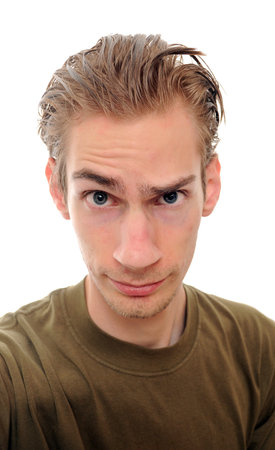 A young man with a distorted face isolated on white background