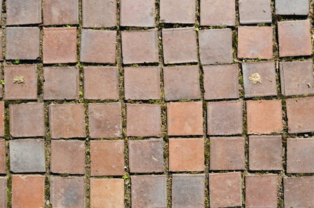 Closeup of square red clay brickwork. These bricks were originally on a walkway.