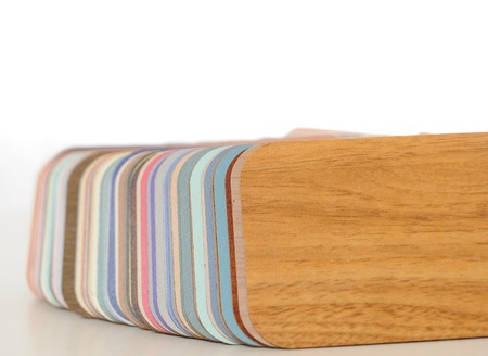 Swatch of plastic formica counter top samples on a white background.の写真素材