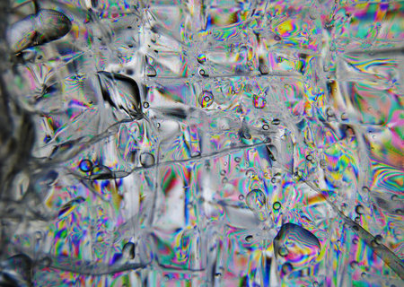 Photoelasticity birefringence shows stressed plastic texture with water drops