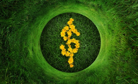 Circular grass pattern wrapped around the dollar symbol made up of yellow dandelion flowerの写真素材