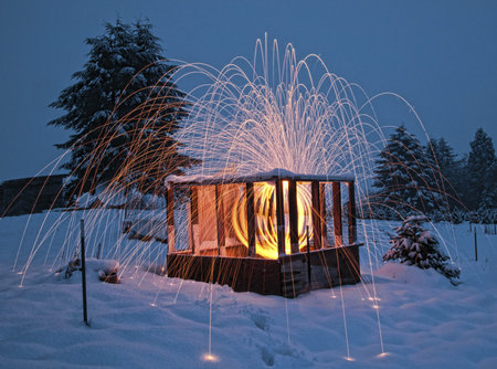 Fabulous lighting and fireworks happening inside a wooden cabin with snow everywhere.