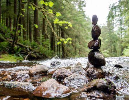 Five wet rocks stacked and balancing on top of one another near a flowing river in the forest